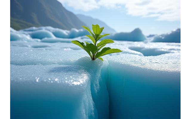Melting glacier with a green sapling growing from it, symbolizing climate change and hope for sustainability.