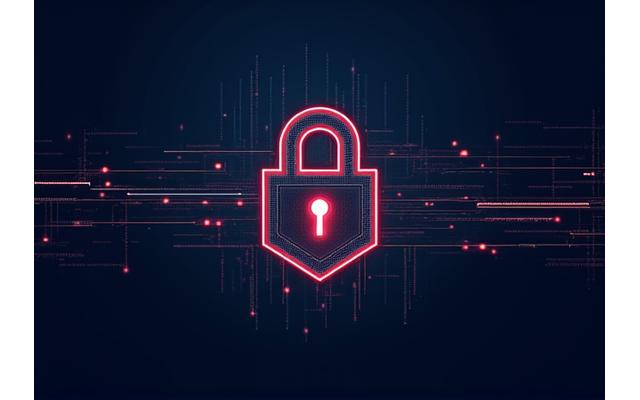 Digital lock icon with lines of code in the background, representing cybersecurity and data privacy.