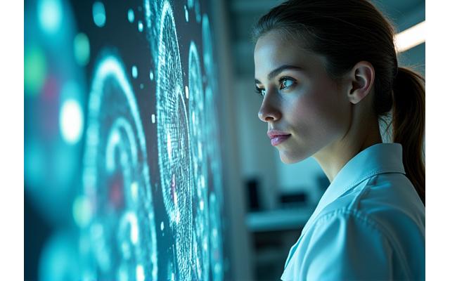 Scientist working in a lab with visible data screens, symbolizing breakthroughs in global health.