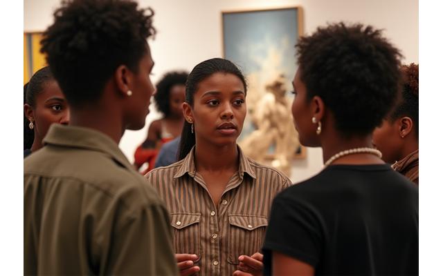 Varias personas conversando animadamente en una exposición de arte moderna.
