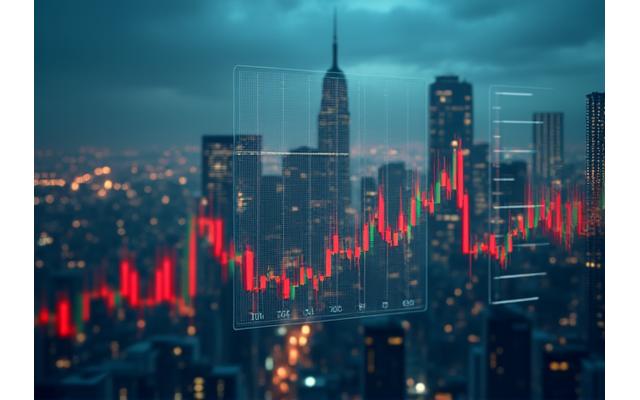 Gráficos financieros superpuestos con la silueta de un skyline urbano, simbolizando análisis económico.