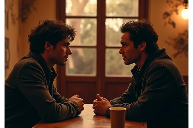 Escena de película española con actores dialogando en un café tradicional.
