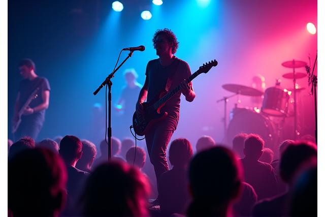 Músico tocando la guitarra eléctrica en un escenario vibrante iluminado con luces de colores.