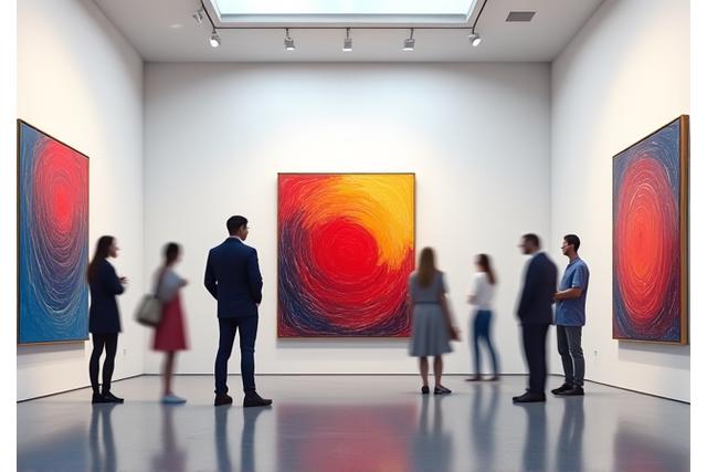 Pinturas abstractas en una galería de arte con visitantes mirando.