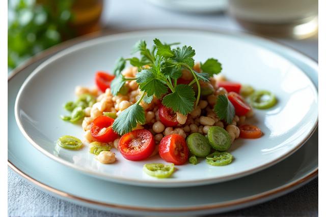 Plato de alta cocina con ingredientes mediterráneos y asiáticos, bellamente presentado.