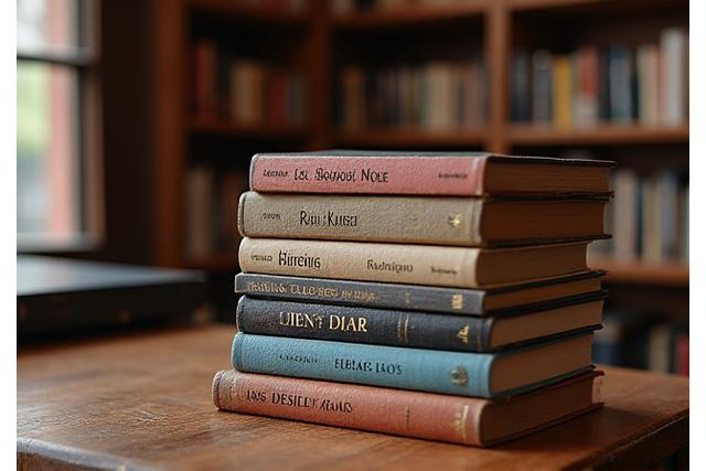 Pila de libros en una librería acogedora con tenue luz.