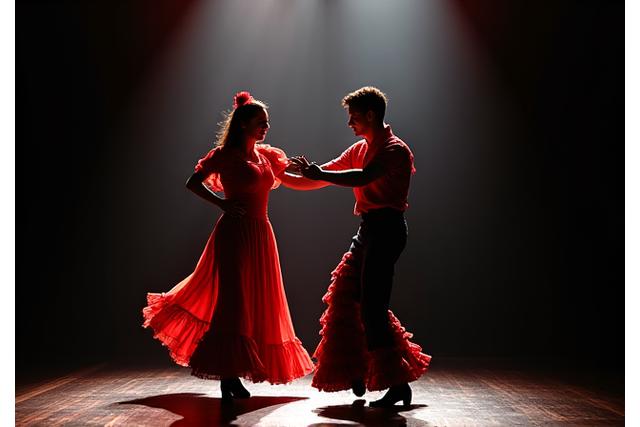 Bailarines de flamenco en un escenario oscuro, con movimiento y pasión.
