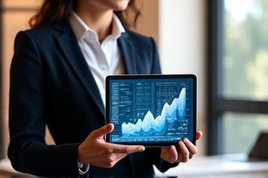Un empresario trabajando en una tablet con gráficos de crecimiento digital