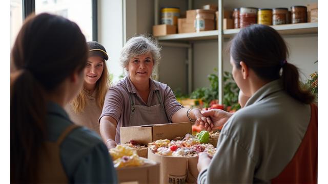 Voluntarios ayudando en un banco de alimentos en un barrio español, demostrando solidaridad social.