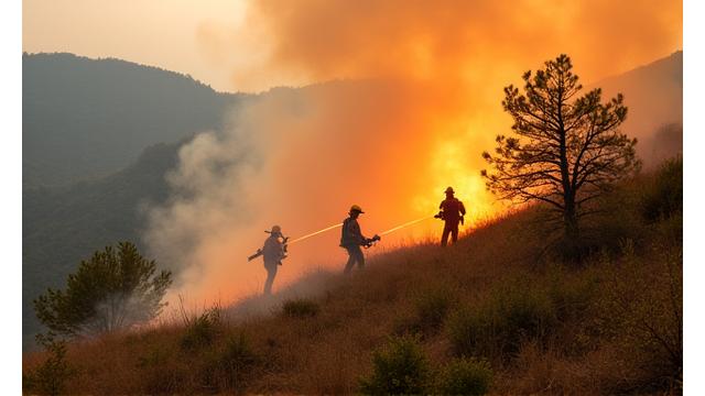 Un equipo de bomberos extinguiendo un incendio forestal en una zona rural de España, simbolizando sucesos y emergencias.