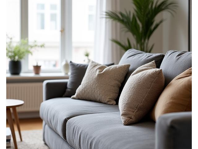 Luxurious grey sofa with patterned cushions in a bright living room, showcasing indoor furniture.