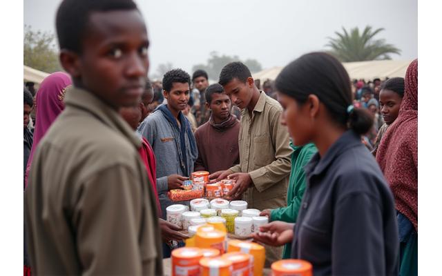 Personas recibiendo ayuda humanitaria en un campamento de refugiados