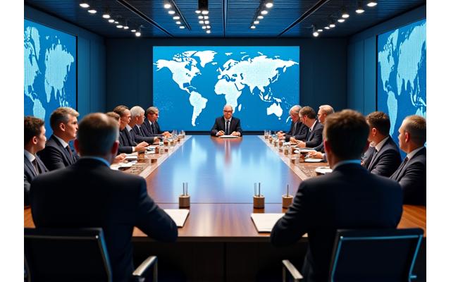 Líderes mundiales en una cumbre internacional en un gran salón moderno