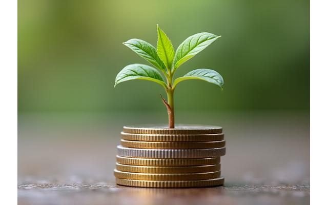 Mano sosteniendo una pequeña planta creciendo desde monedas